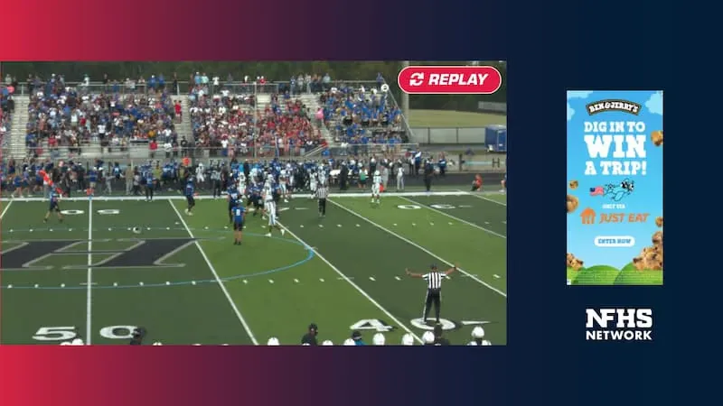 An American football broadcast squeezed to one side, with a tall display ad beside it