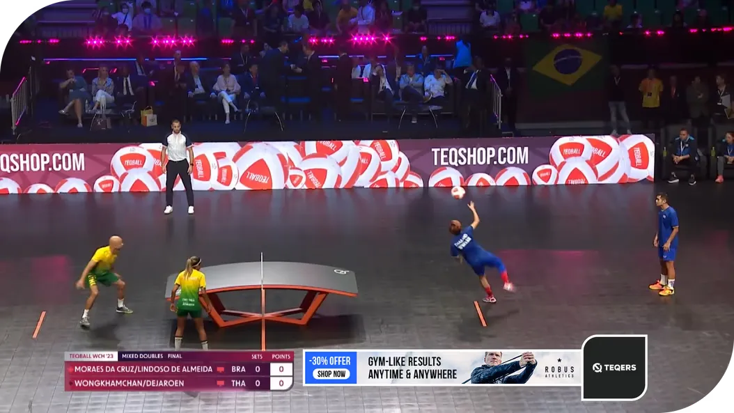 A live match broadcast with a lower-third banner ad floating across the bottom of the frame