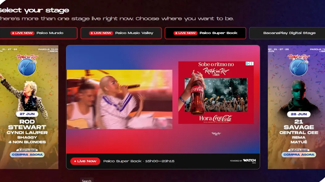 A livestream platform showing multiple concurrent stages, each with its own ad inventory