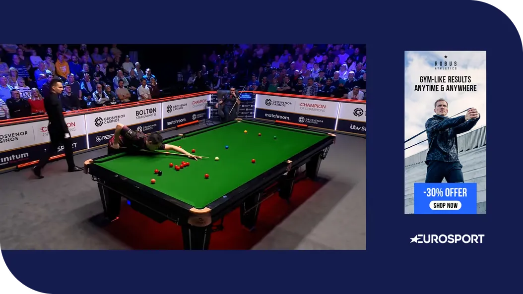 A snooker broadcast squeezed to one side, with a rectangular ad displayed in the freed-up space beside it